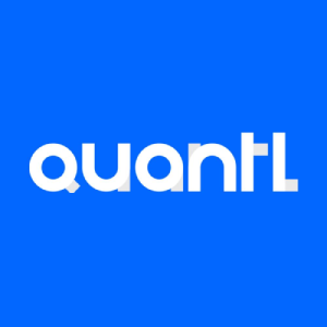 Quantl logo in white lowercase lettering on a bright blue background