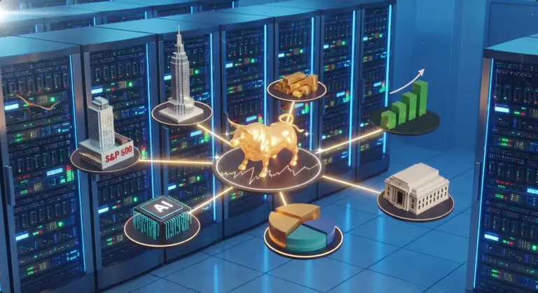 3D illustration of a golden bull linked to S&P 500, AI chip, gold, and market growth icons in a data center