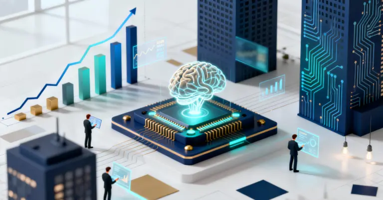 Isometric 3D scene of a glowing AI brain on a chip surrounded by rising stock charts and circuit towers