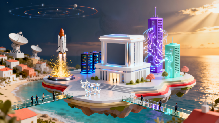 3D illustration of a rocket lifting off beside a futuristic exchange with a crystal bull, evoking the 2026 IPO wave