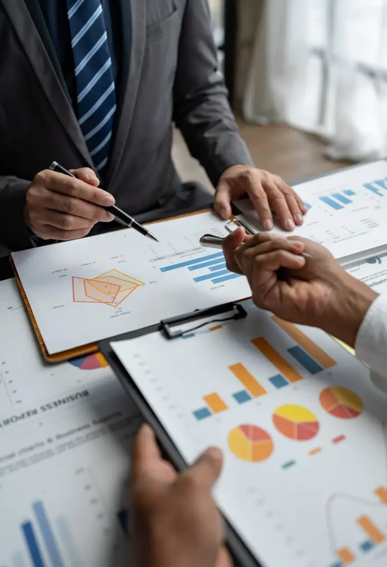 Advisors reviewing printed portfolio reports with bar and pie charts, one pointing at figures with a pen