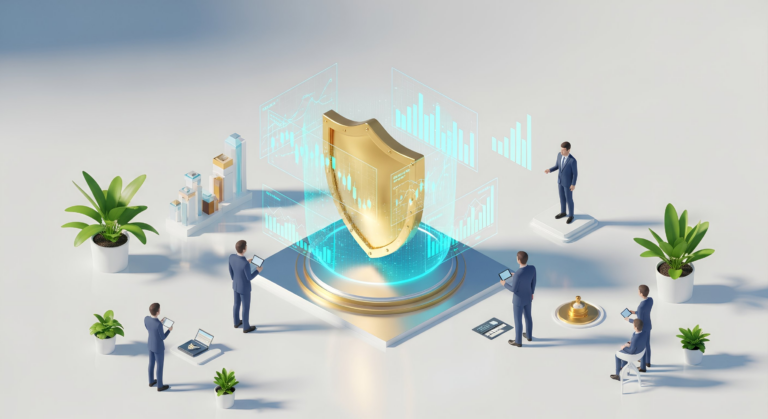 Golden shield hologram surrounded by financial charts and figures in suits, symbolizing recession-proof investing