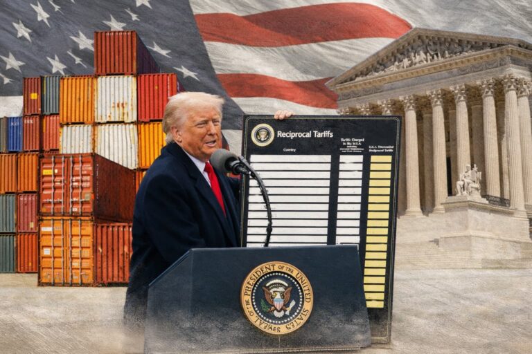 Donald Trump at a presidential podium holding a reciprocal tariffs chart, with shipping containers and a US flag behind
