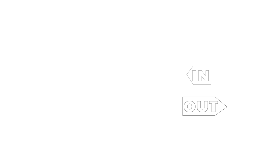 Outline graphic of two arrow signs labeled IN and OUT pointing in opposite directions