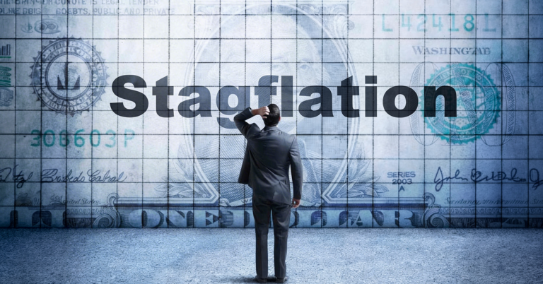 Man scratching his head in front of a giant dollar bill wall reading 'Stagflation'